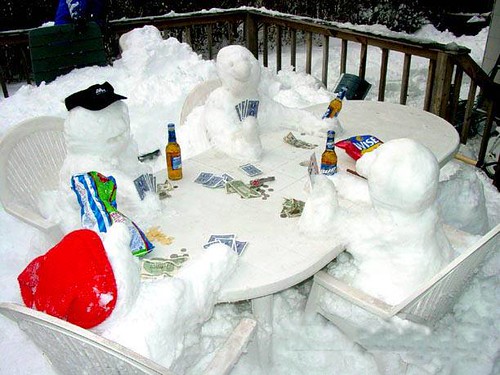 group of snowmen playing poker during happy hour