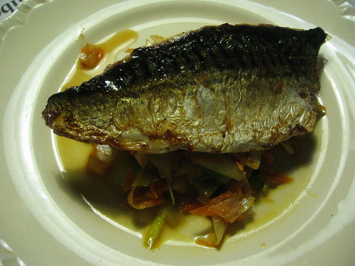 Fried mackerel filet on tamari-ginger braised vegetables